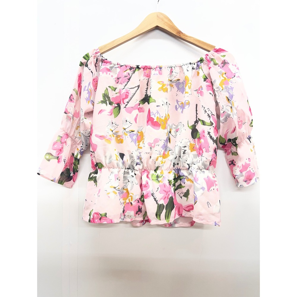 Sassafras Pink Floral Off The Shoulder Peplum‎ Blouse 3/4 Sleeve Small